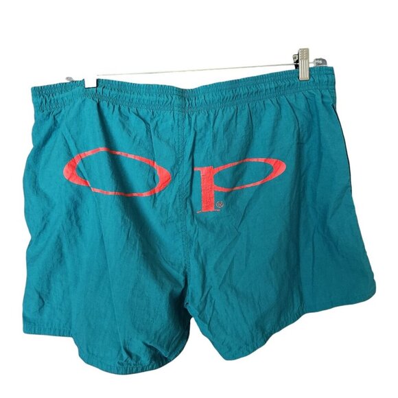 Vtg 80-90s OP Ocean Pacific Swim Trunks Shorts M Surf Spellout‎ Turquoise Flaw - Picture 1 of 12